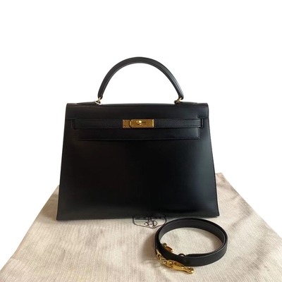 HermèS Kelly 32 Preloved ha marcato a caldo la borsa il nero nero del contenitore di hardware dell'oro di Epsom Sellier