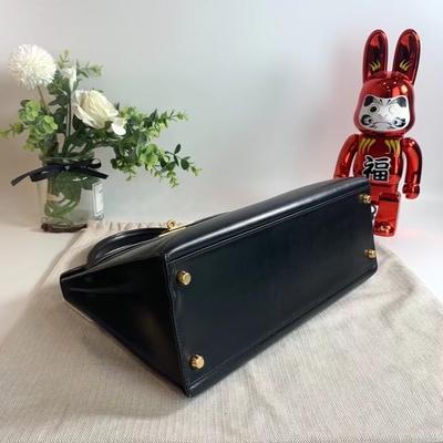 HermèS Kelly 32 Preloved ha marcato a caldo la borsa il nero nero del contenitore di hardware dell'oro di Epsom Sellier