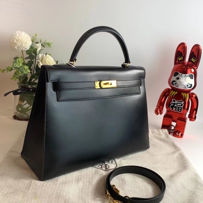 HermèS Kelly 32 Preloved ha marcato a caldo la borsa il nero nero del contenitore di hardware dell'oro di Epsom Sellier