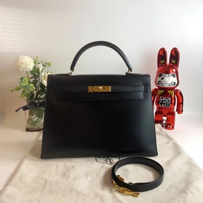 HermèS Kelly 32 Preloved ha marcato a caldo la borsa il nero nero del contenitore di hardware dell'oro di Epsom Sellier