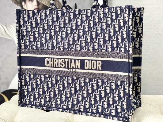 Borsa a tracolla bollata blu Christian Book Large di Dior Oblique Embroidery Canvas Navy