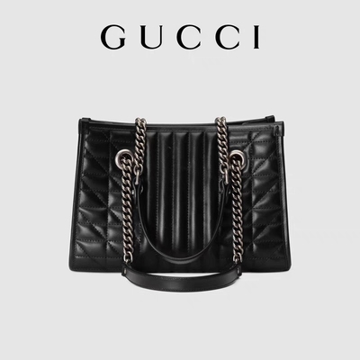 GG bollato su ordinazione Marmont Matelassé medio Tote Black Leather