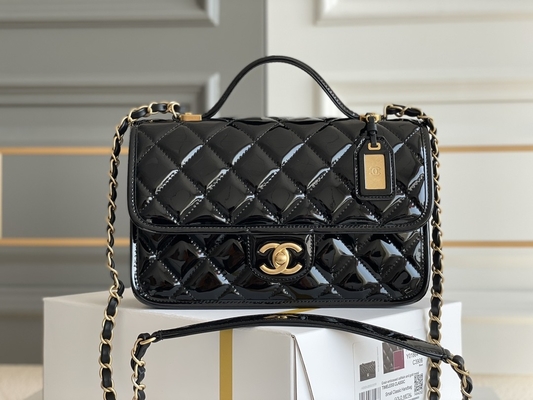 oro del nero della borsa del tofu della pelle verniciata di Chanel Flap Bag 2022 delle donne 22k