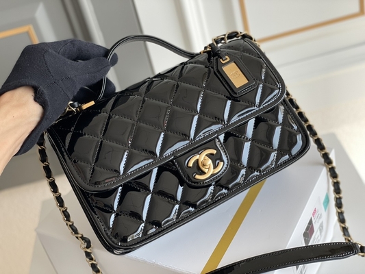 oro del nero della borsa del tofu della pelle verniciata di Chanel Flap Bag 2022 delle donne 22k