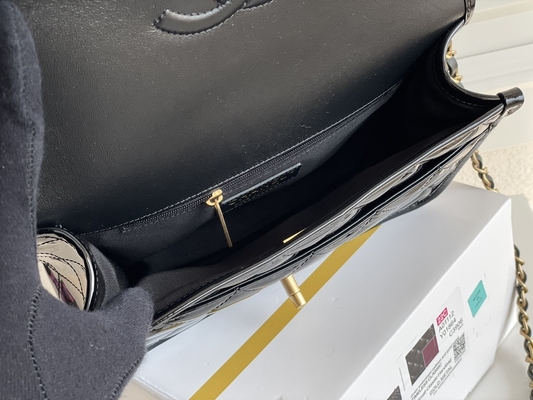 oro del nero della borsa del tofu della pelle verniciata di Chanel Flap Bag 2022 delle donne 22k