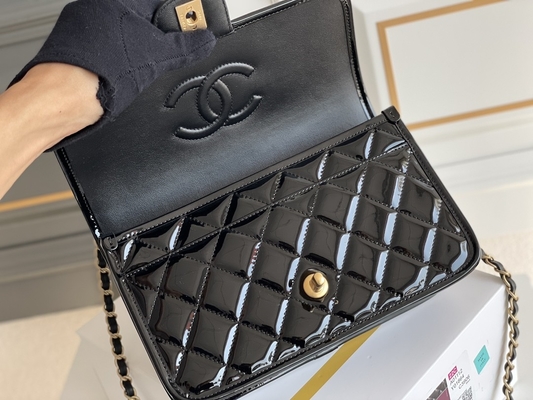 oro del nero della borsa del tofu della pelle verniciata di Chanel Flap Bag 2022 delle donne 22k