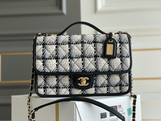 Lana bianca del plaid del nero classico di 2WAY Chanel Medium Flap Bag Messenger