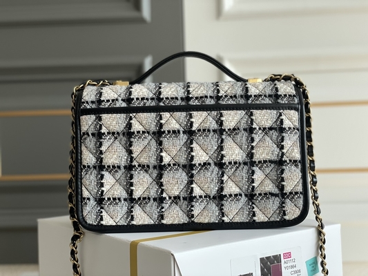 Lana bianca del plaid del nero classico di 2WAY Chanel Medium Flap Bag Messenger
