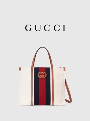 Tela bianca Mini Blue Striped Tote Bag del cotone di Gucci che collega G