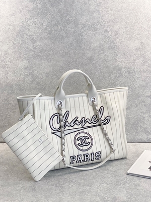 banda del nero di 30cm 23P Chanel Deauville Tote Bag White Ecru