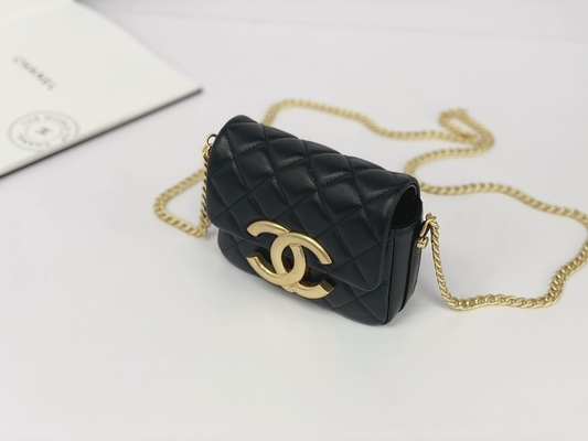 Messaggero bollato di cuoio Bag Chanel Flap Phone Holder della pelle d'agnello nera