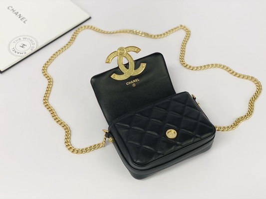 Messaggero bollato di cuoio Bag Chanel Flap Phone Holder della pelle d'agnello nera