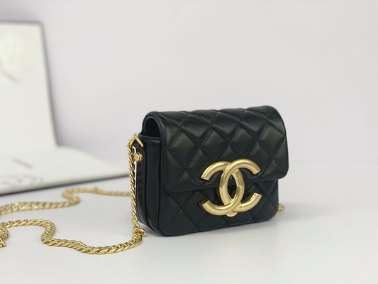 Messaggero bollato di cuoio Bag Chanel Flap Phone Holder della pelle d'agnello nera